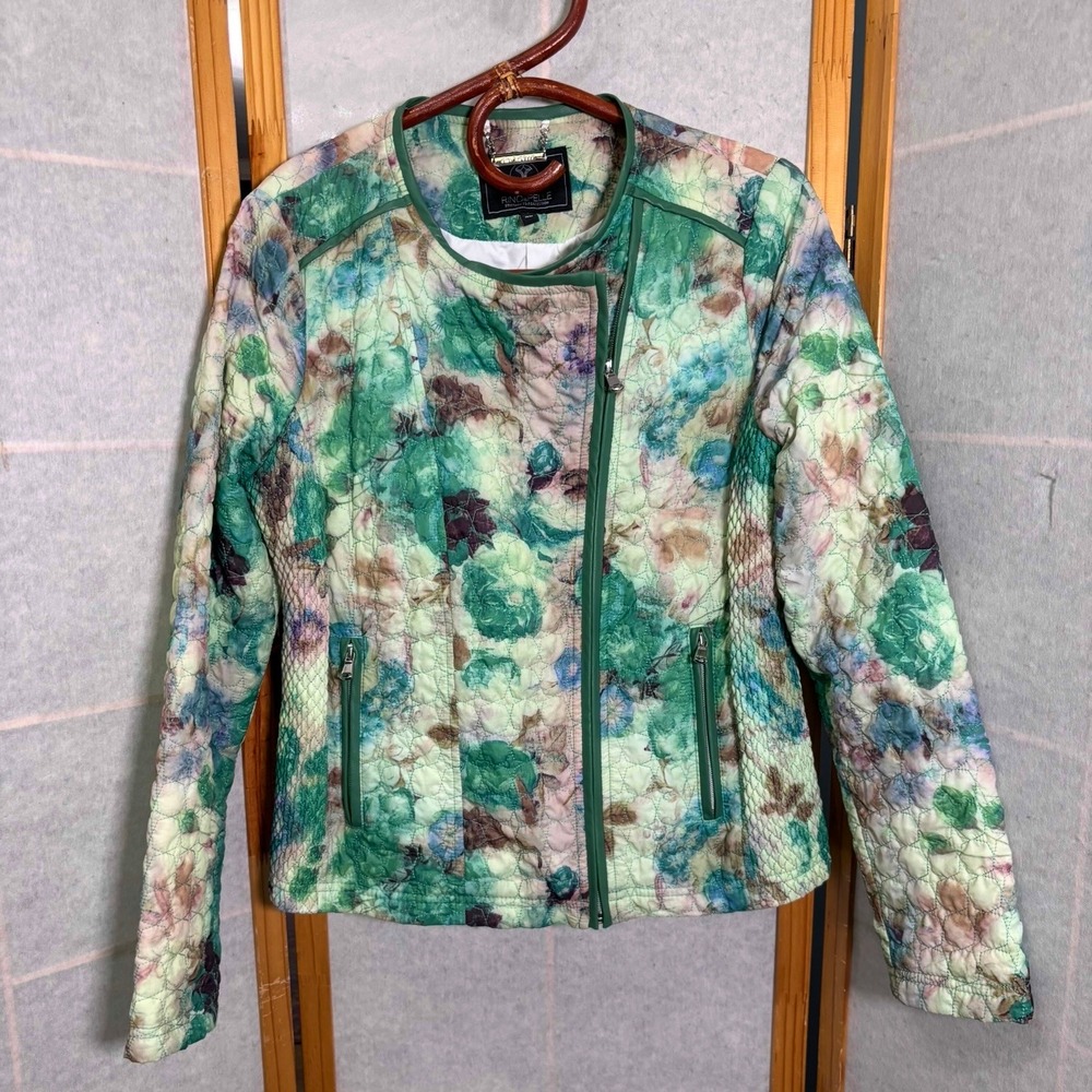 Women's 40 M/L‎ Rino & Pelle Green Floral Watercolor Quilt Stich Moto Zip Jacket